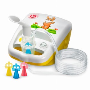 Mały, żółty inhalator/nebulizator tłokowy do szerokiego spektrum środków leczniczych z grafiką z króliczkiem LD-212C 