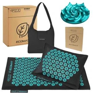 ECO MATA z poduszką, do akupresury, z łuskami gryki i kokosem 68x42 (CZARNO-NIEBIESKA)