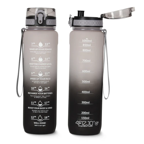 Wykonana z tritanu, sportowa butelka na wodę 1L 4fizjo, odporna na wysokie i niskie temperatury (CZARNO-SZARA) (3).webp