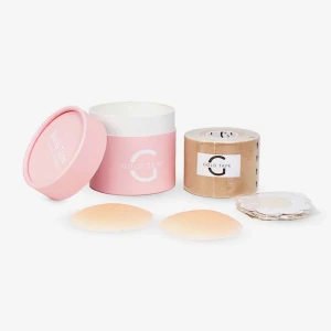 Taśma modelująca do biustu Gold Tape Boob Tape 5 cm x 5 m – elastyczna i wodoodporna, do podtrzymania biustu bez stanika, z osłonkami na brodawki – beżowa