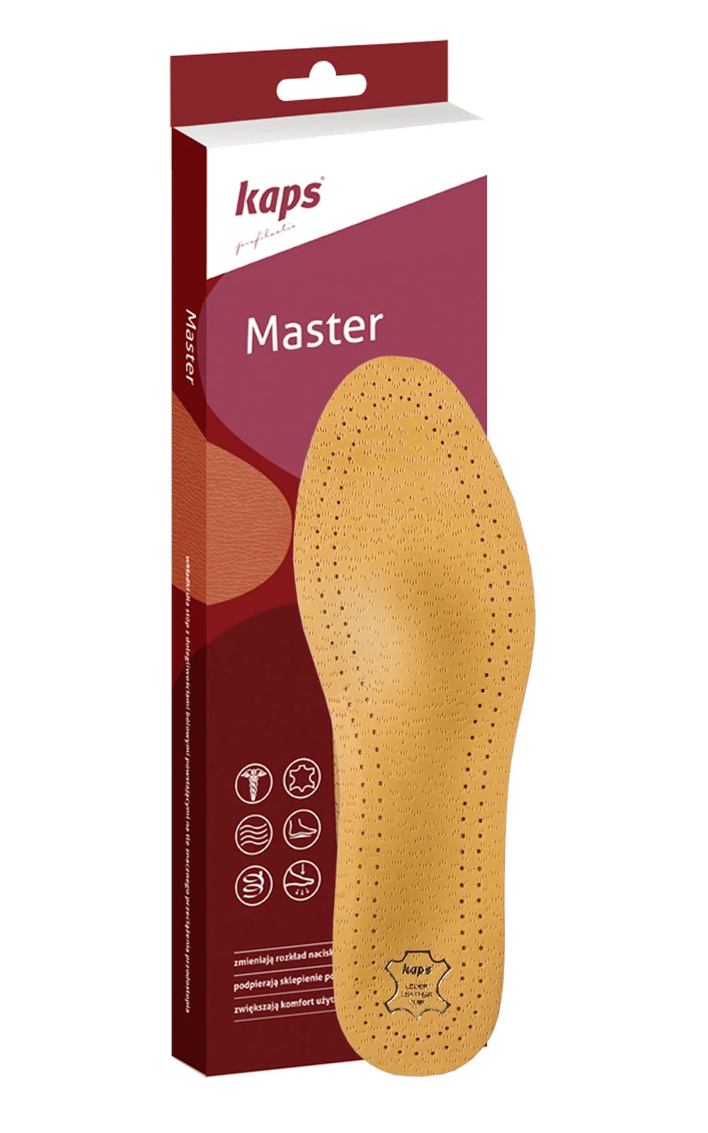 Wkładki ortopedyczne Master by Kaps® na płaskostopie podłużne i poprzeczne, wykonane z naturalnej skóry owczej i miękkiej pianki, korygują płaskostopi